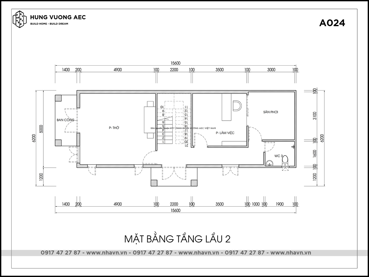 Mặt bằng nhà mái thái 3 tầng A024 - Hùng Vương AEC