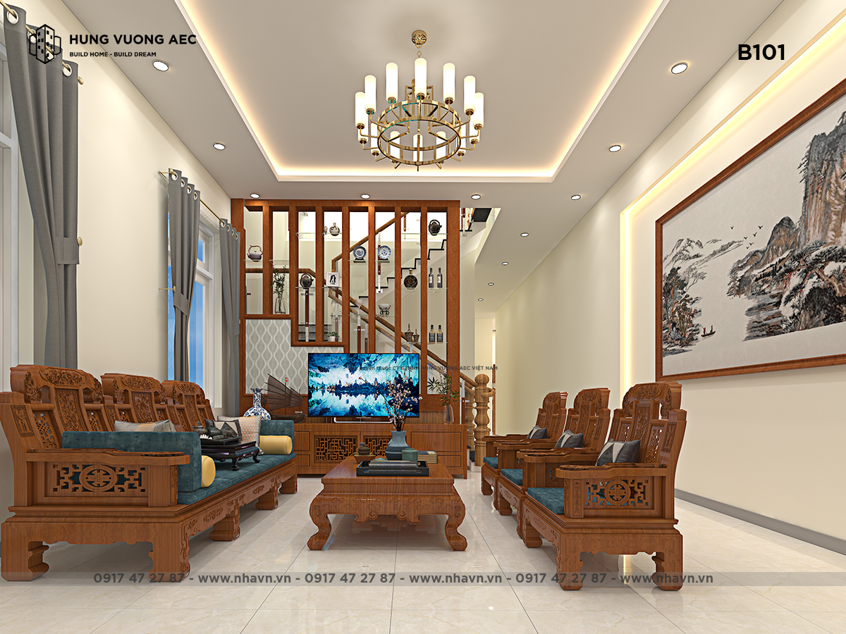 Mẫu thiết kế phòng khách nhà phố 5x20m tại Hà Tĩnh